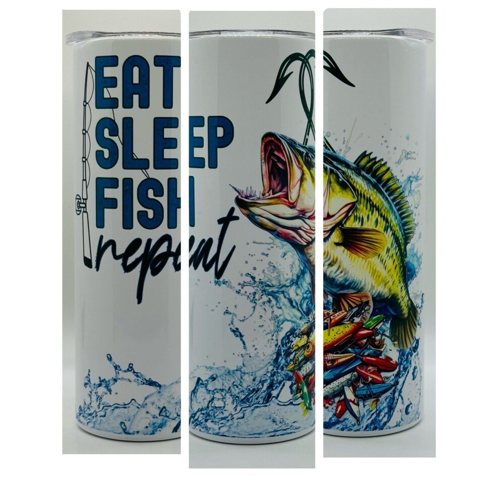 NEW Eat Sleep Fish 20 oz. Stainless Steel Tumbler w/Straw Set & Silicone Tip